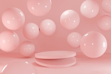 Cute 3D Pastel Pink product display advertising template. Pink latte color theme interior background. 3d floating platform podium with pink balloons. Pink mockup for product showcase. 
