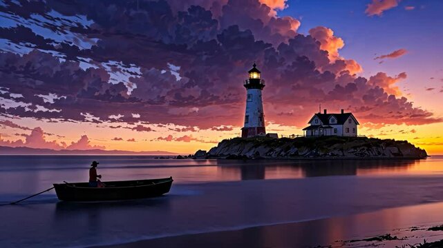 Video footage of serene sunset over a lighthouse on a rocky island, with a person rowing a boat in the calm waters, under a dramatic, colorful sky