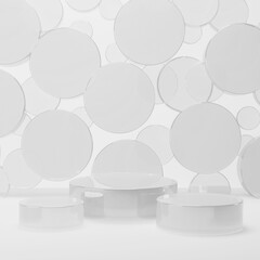 Set of three transparent glass shining round podiums, abstract stage mockup. Flying circles pattern. Template 3D illustration airy scene for presentation cosmetic products, goods, advertising, design.