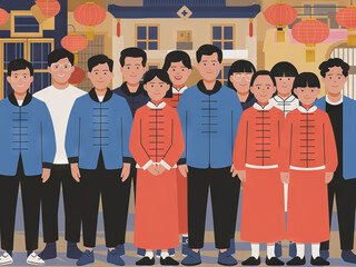 Traditional festive gathering of people in cultural attire with lanterns in background