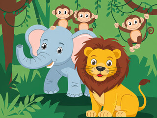 Naklejka premium Cute drawn jungle animals: elephant, lion, and playful monkeys