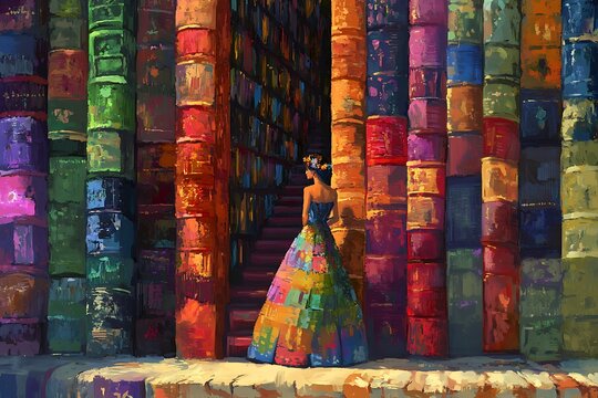 Princess standing infont of magic book castle in fantacy world
