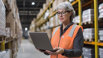 A warehouse worker in an orange safety vest uses a laptop while standing among shelves filled with packages.