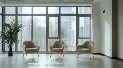 Fototapeta premium Modern room with large windows, empty chairs, minimalist interior, natural light, urban view, clean lines, simple design