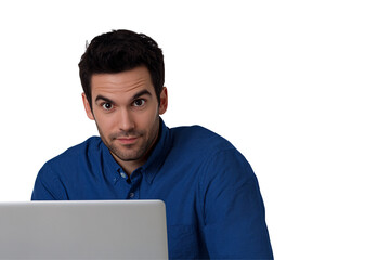 a man in a blue shirt