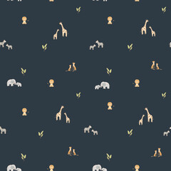 Beautiful seamless pattern with watercolor hand drawn cute safari giraffe and elephant animals. Stock illustration. For baby.