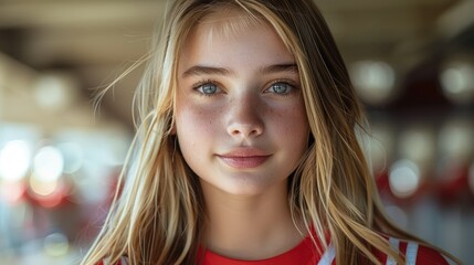A young 18-year-old Caucasian female with long, blonde hair, athletic build, wearing a cheerleading uniform.