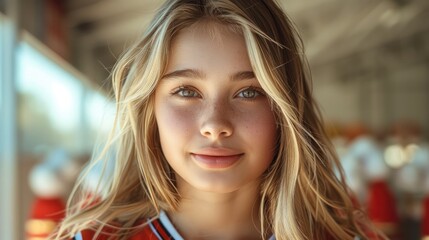 Obraz premium A young 18-year-old Caucasian female with long, blonde hair, athletic build, wearing a cheerleading uniform.