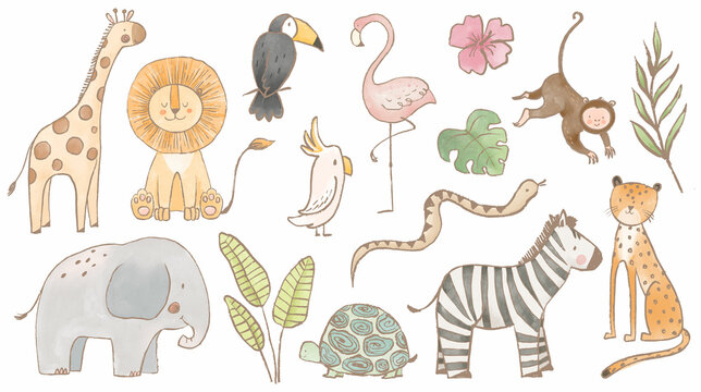 Beautiful stock illustrations set with cute lion zebra toucan elephant monkey flamingo. Safari animal clip art. Isolated naive style drawing. Childish hand drawn painting.