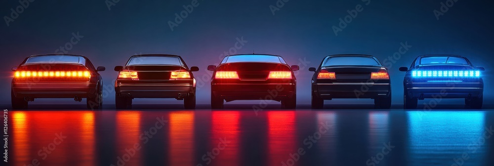 Poster Assorted LED car headlights and tail lights are arranged symmetrically, showcasing vibrant colors against a dark background with copy space available. Generative AI