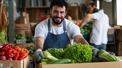 Fototapeta premium A smiling man in an apron holds a box of fresh vegetables, surrounded by a vibrant market full of produce.