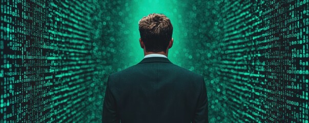 A person in a suit stands before a digital matrix backdrop.
