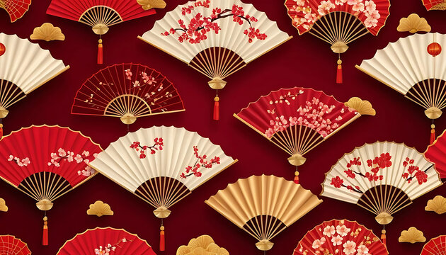 A detailed vector illustration of a seamless red background with intricate golden patterns of traditional Chinese fans, lanterns, and cherry blossoms, evoking a festive and cultural atmosphere. - Powered by Adobe