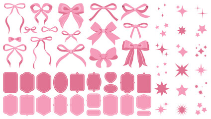 Soft pink vintage bow set. Bows for decor. Trendy girls accessories. Cute hairstyle elements. Sparkles icons, star shape. Party decoration, gift. Glitter sparkle. Stickers, frames, promo, price, sale