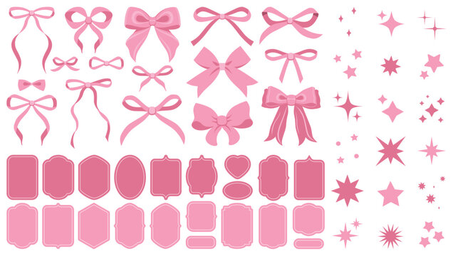 Soft pink vintage bow set. Bows for decor. Trendy girls accessories. Cute hairstyle elements. Sparkles icons, star shape. Party decoration, gift. Glitter sparkle. Stickers, frames, promo, price, sale
