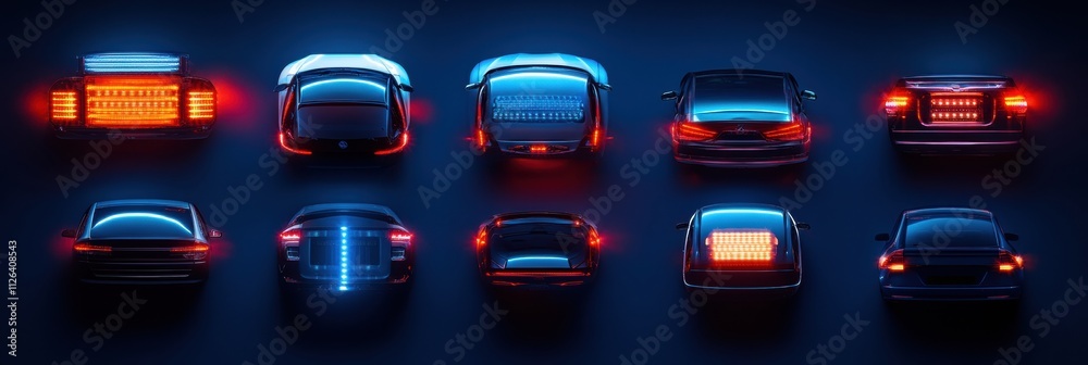 Poster various led automotive lights are artistically placed on a dark surface, showcasing vibrant colors a