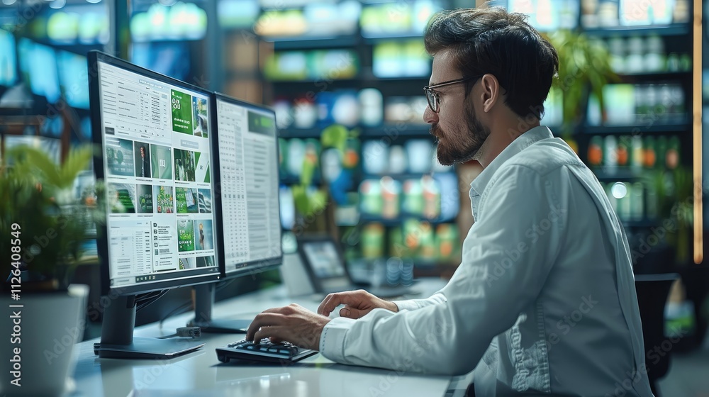 Poster A shopkeeper working on a sleek computer with the system interface displayed on the screen. The environment is bright and professional.