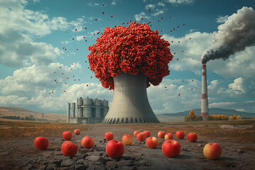 surreal depiction of cooling tower transformed into tree with red apples, surrounded by scattered apples on ground, set against industrial landscape with smokestacks