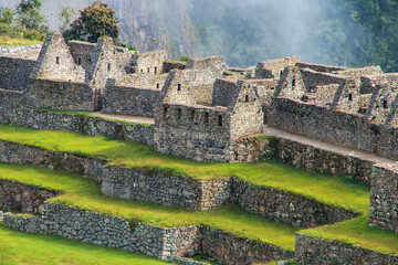 Close view of the ruins at Machu Picchu citadel in Peru.