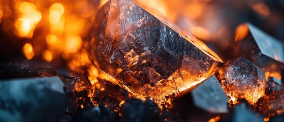 Fototapeta premium Sparkling quartz crystals glisten on a bed of mineral-rich rock in vibrant hues of orange and blue