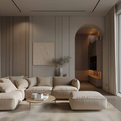Aesthetic elegant minimalist modern interior design. Clear mock up empty wall for decoration in the apartment. Copy space in the room. Neutral palette of natural colors.