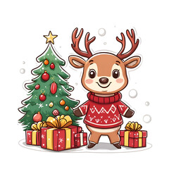 Christmas Reindeer sticker with gifts in cartoon style on a clean white background with no shadows.
