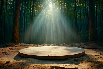 glowing circular platform in serene forest clearing, illuminated by ethereal sunlight streaming through trees, creating mystical and tranquil atmosphere