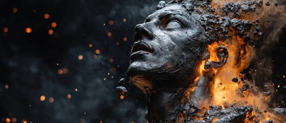 Fiery transformation of a human figure surrounded by ash and flames, conveying a powerful sense of rebirth and change