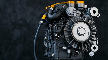 Fototapeta premium Mechanics repair engine adjustment concept. Engine close-up on a dark background highlighting mechanical details.