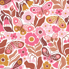 Seamless vector pattern with hand drawn butterfly, dragonfly on floral background. Modern boho floral illustration. Perfect for textile, wallpaper or nursery print design. EPS10 vector file.