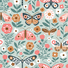 Seamless vector pattern with hand drawn butterfly, dragonfly on floral background. Modern boho floral illustration. Perfect for textile, wallpaper or nursery print design. EPS10 vector file.