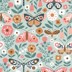 Seamless vector pattern with hand drawn butterfly, dragonfly on floral background. Modern boho floral illustration. Perfect for textile, wallpaper or nursery print design. EPS10 vector file.