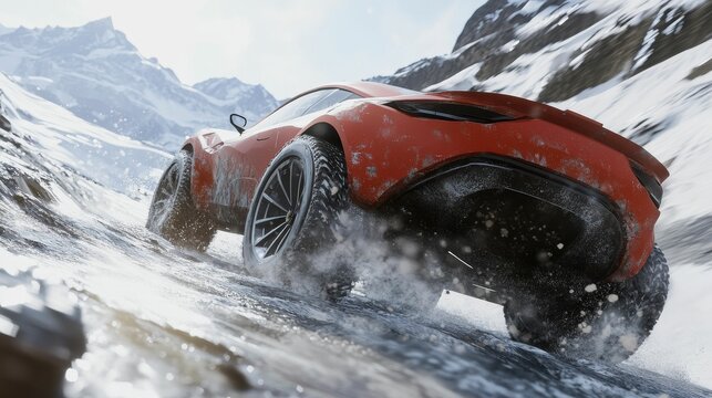 Red vehicle drives snowy mountain road, splashing water.