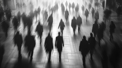 Obraz premium Black-and-white urban scene with silhouettes of people walking dynamically