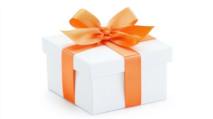 Obraz premium Elegant white square gift box tied with a vibrant orange ribbon and a perfectly shaped bow, displayed on a clean white background, ideal for celebrations or branding visuals.