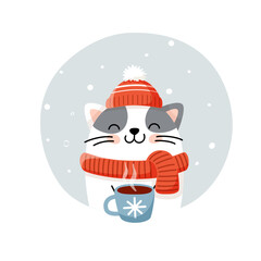 Cute cartoon cat wearing a hat and scarf holding a cup of hot tea. Isolated flat vector illustration, hand drawn