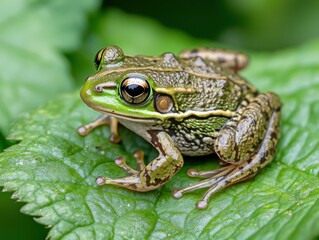 Fototapeta premium close-up of a green frog resting on a leaf