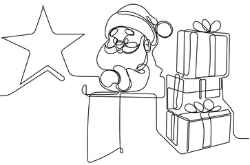 Vector hand drawn Christmas concept sketch. Santa Claus driving car with open bag full of presents. Lettering Christmas concept. Vector illustration