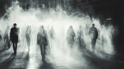 Abstract silhouettes walking in a futuristic digital artwork