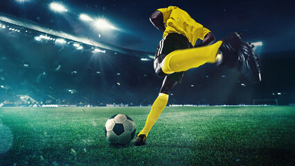 Male player in yellow uniform launching into powerful kick, fully immersed in competition on green field with spotlights. 3D render of stadium. Concept of sport, tournament, competition, game event