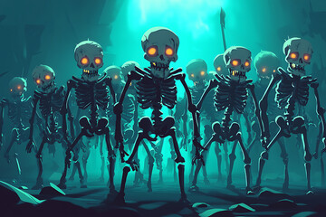 A group of animated skeletons with glowing eyes in a dark, mystical setting.