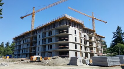 Modern building under construction with scaffolding and a crane in the background