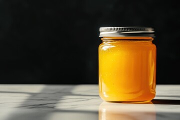 food photography, a jar of peach jam sits on a marble counter, bathed in dappled sunlight streaming through a kitchen window