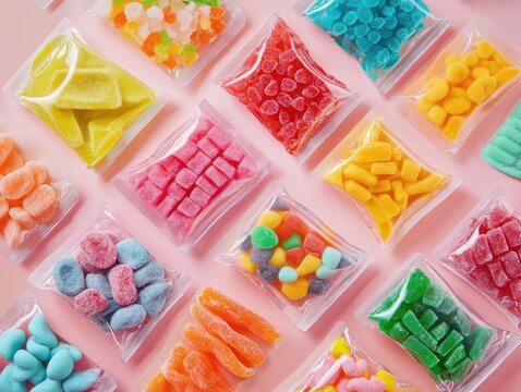 Freeze-dried candy with colorful sweets and trendy packaging in a modern snack scene