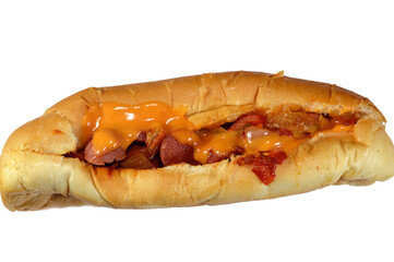 Partially sliced long bun with hot dog grilled beef sausage called wiener (Vienna sausage) and frankfurter frank, with slices of onions and colorful bell peppers and thousand island sauce