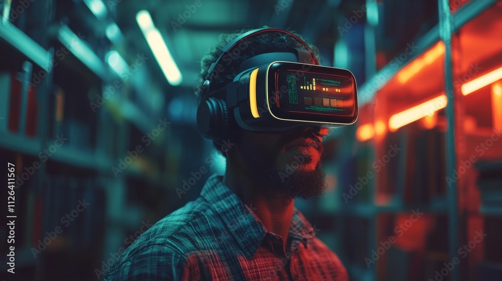 Poster In a dimly lit, high-tech setting, a developer engages deeply with a virtual reality headset, surrounded by shelves filled with advanced tech gear. Bright neon lights create a captivating atmosphere