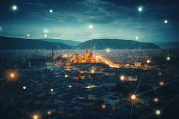 Obraz premium Glowing FOREX graph hologram, aerial panoramic cityscape of Singapore at sunset. Stock and bond trading in Asia. The concept of fund management. Double exposure. 