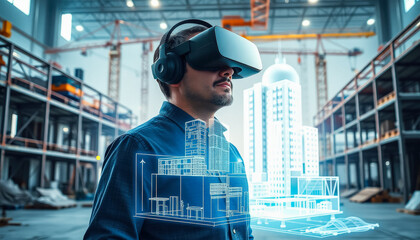 An architect wearing AR glasses on a construction site, visualizing futuristic 3D building models, symbolizing innovation in urban planning and design.