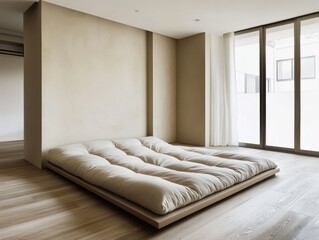 Japanese futon bedroom with warm lighting and natural wood accents