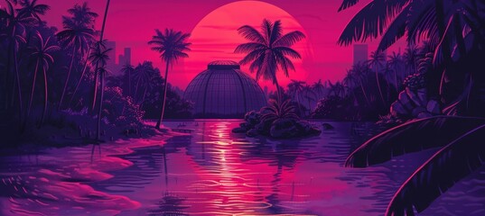 An artificial sun glowing over a massive, futuristic greenhouse filled with alien flora